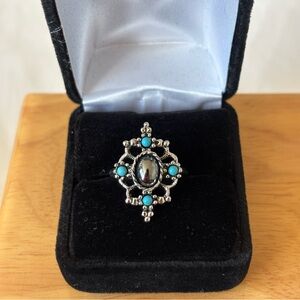 Vintage Avon Mirabella Silver Tone Ring Hematite and Faux Turquoise Size 6